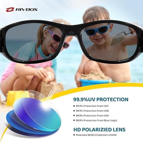 RIVBOS Kids Sunglasses Polarized UV400 TPE with Strap for Boys Girls RBK037 | Suitable ages 3-8 Flexible rubber frame with UV protection and secure strap for boys and girls during travel,beach,outdoor thumbnail 3