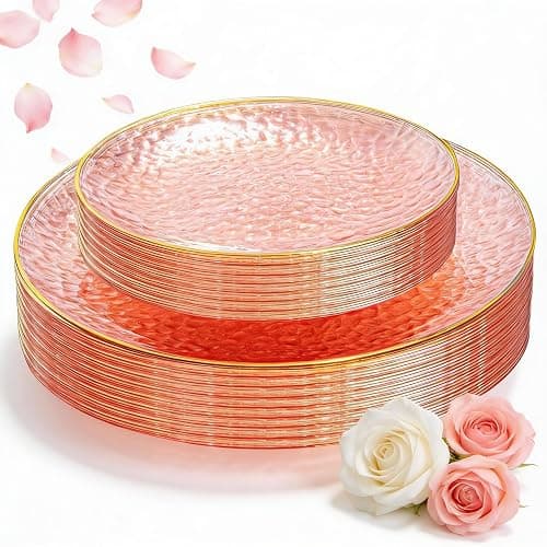 SUT 36Pcs Pink Plastic Plates, Hammered Plates Disposable Heavy Duty, Pink Disposable Plates With Gold Rim, Fancy Plastic plates Include 18 Dinner and 18 Dessert plates for Valentine's Day - Image 1