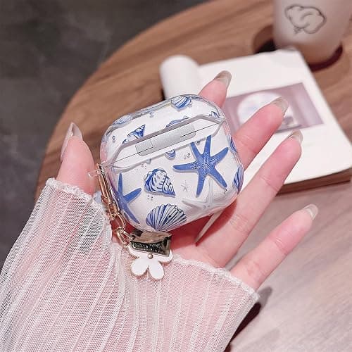 MINSCOSE Compatible with AirPods 4 Clear Case,Cute Beautiful Seashell and Starfish Pattern Design with Keychain, Soft TPU Protective Shockproof Cover for AirPods 4 for Women Girls-Blue thumbnail 8