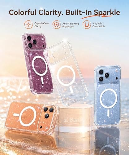BERFY for iPhone 18 Pro Case/iPhone 17 Pro Case for Women 6.3" | Compatible with MagSafe, Shockproof Cute Glitter Clear Phone Case with Screen Protector, Anti-Yellowing,Sparkle Clear thumbnail 2
