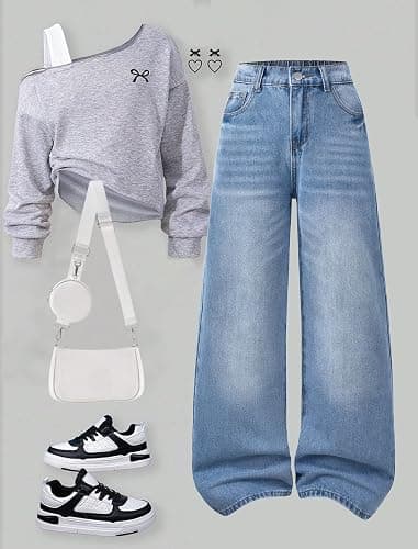 Fulihug Jeans for Girls Baggy Wide Leg Cute Bow High Elastic Waisted Denim Pants Y2K Boyfriend Skater Streetwear 7-14Y thumbnail 7