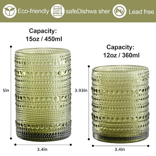 ZMOWIPDL Vintage Hobnail Drinking Glasses Set of 8,Green 12 oz & 15oz Highball Glass Cups, Kitchen Drinkware Glassware,Embossed Water Tumbler,for Beer,Cocktail,Whiskey,Juice and Various Mixed Drinks thumbnail 3