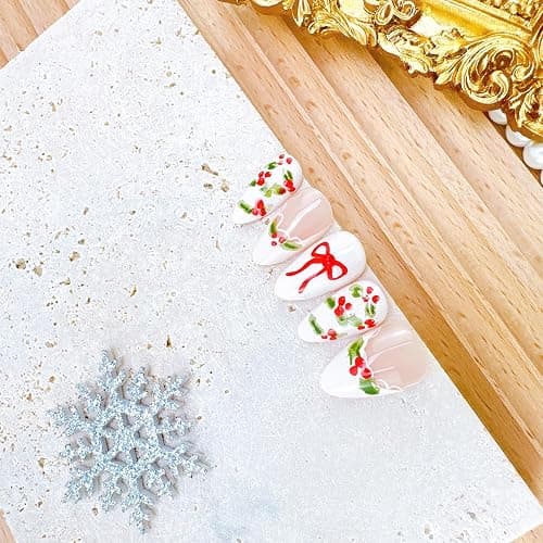 24pcs Christmas Press on Nails Short Almond Fake Nails with Red Rhinestones Designs Xmas Holly Bow False Nail White French Tip Acrylic Nails Cute Full Cover Glue on Nail for Women DIY Manicure thumbnail 4