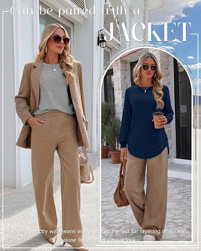Ficerd 3 Pack Women's Long Sleeve Shirts, Cotton Crew Neck Tunic Tops Casual Loose Fit Pullover Sweatshirts Curved Hem Shirts thumbnail 5