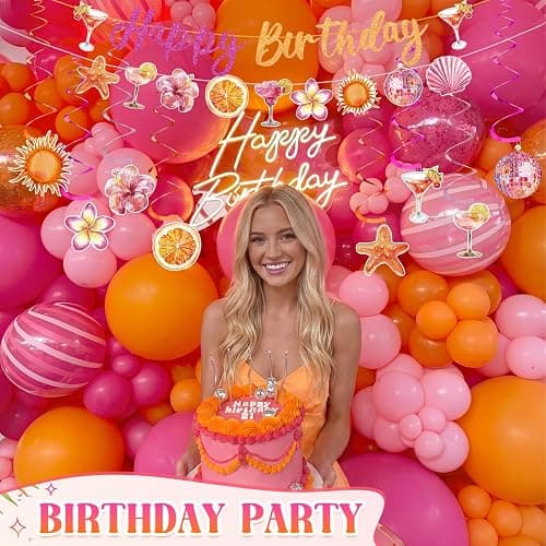 VitalCozy 10pcs Pink and Orange Sunset Birthday Decorations for Women Pink and Orange Happy Birthday Banner, Tropical Tequila Garland and Hanging Swirls Decorations thumbnail 6
