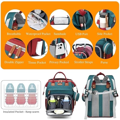 Astro alan Baby Diaper Bags with Changing Station, Waterproof Diaper Bag Backpack for Moms Dads with USB Charging Port, Baby Shower Gifts, Large Capacity diaper backpack, Red-Green-Blue thumbnail 5
