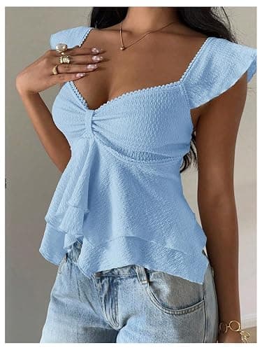 RoseSeek Women's Flowy Going Out Tank Top Sweetheart Neck Cap Sleeve Summer Ruffle Elegant Crop Tops thumbnail 4