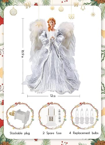Christmas Tree Topper Angel with Lights, Xmas Tree Toppers Decorations Ornament with White Feather Wings, Plug in Christmas Tree Angel Treetop for Indoor Office Holiday，Silver thumbnail 2