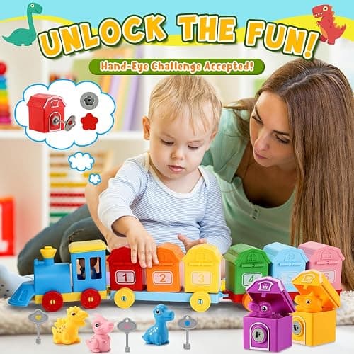 Toddler Montessori Learning Toys for 2 3 4 5 Year Old Boys, Kids Dinosaur Train Matching Toys with Locks & Keys | Counting & Sorting Trains Set, Preschool Toy Boy Girls Birthday Gifts Ages 2-4 3-5 thumbnail 7