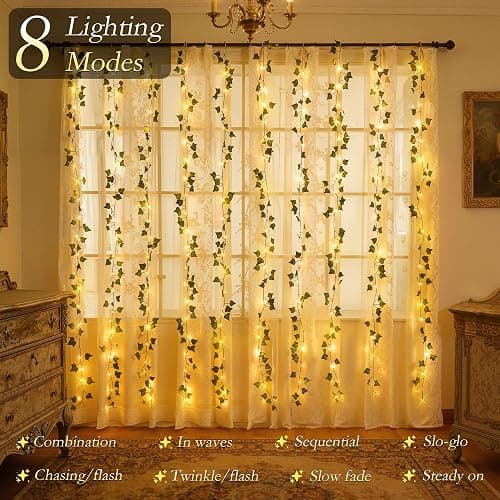 Soagrc Vine Curtain Lights, 200 LED Ivy Vines with Fairy Lights for Bedroom | 6.6ft x 6.6ft, Artificial Ivy Leaves, USB Powered, Remote, 8 Modes, Timer & Memory, for Wall Wedding Dorm Party Indoor Decor thumbnail 4