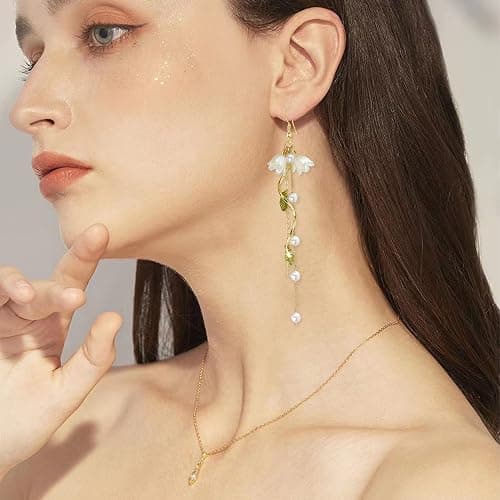 Aishgjia Dangle Flower Leaf Earring White Fairy Flower Summer Dangling Long Tassel Earrings Lily Of The Valley Earrings Jewelry thumbnail 3