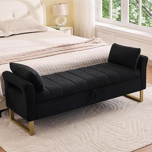 66" Storage Bench for Bedroom Upholstered End of Bed Bench King Size Black | Long Bedroom Benches for Foot of Bed King,Teddy Storage Bed Bench with Gold Legs,2 Pillows for Entryway Windows Cloakroom - Image 1