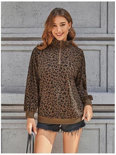 SweatyRocks Women's Leopard Print Sweatshirt Quarter Zip Collar Long Sleeve Pullover Tops thumbnail 4