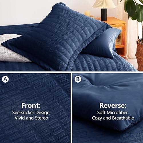 CozyLux King Size Comforter Set Navy Blue Seersucker 7 Pieces Bed in a Bag King Comforter Set with Sheets, Luxury Bedding Set with Down Alternative Comforter, Sheets, Pillowcases & Shams All Seasons thumbnail 5