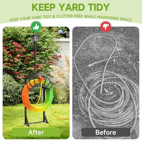 New Upgraded 3-in-1 Garden Hose Holder with Solar Light & Shepherds Hooks | Stores 160" Hose, Freestanding with Double Hooks for Hanging Decor - Perfect for Outdoor Yard, Lawn & Patio at Night thumbnail 7