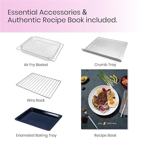 VAL CUCINA Retro Style Infrared Heating Air Fryer Toaster Oven, Extra Large Countertop Convection Oven 10-in-1 Combo, 6-Slice Toast, Enamel Baking Pan Easy Clean with Recipe Book, Classic Pink Color thumbnail 6