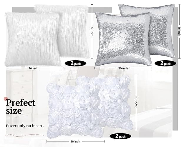Oudain 6 Pcs Decorative 3D Rose Flower Pillow Cover, 16 x 16 Inch Faux Fur Throw Pillow Covers for Bed Square Sofa Bedroom Car(White, Silver) thumbnail 3