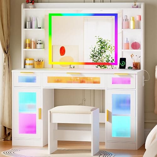 ANWBROAD Large Vanity Desk with Mirror and Lights White Makeup Desk Set with Power Outlet and Remote RGB Vanity with 3 Drawers 2 Cabinets and Stool Vanity Table for Girls Women Bedroom UBDT85W thumbnail 9