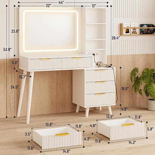 Vanity Desk with Mirror and Lights, Makeup Vanity Desk with Power Outlet, Makeup Desk with 5 Drawers&Storage Shelves, Vanity Table 3 Color Modes Adjustable Brightness Dressing Table Set for Bedroom thumbnail 2