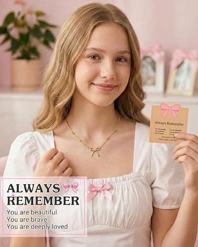 UNGENT THEM Always Remember You Are Loved - Cute Preppy Girly Trendy Stuff Gold Bow Necklace for Women Teen Girls thumbnail 3