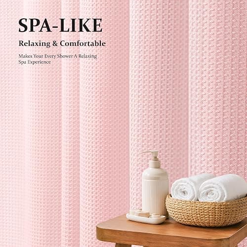 Dynamene Waffle Shower Curtain 256 GSM Heavy Duty Fabric 72"x72" Pink | Thick Textured Cloth, Weighted Hem, Water Repellent Washable, Hotel Luxury Polyester Shower Curtain Set for Bathroom 12 Hooks thumbnail 4