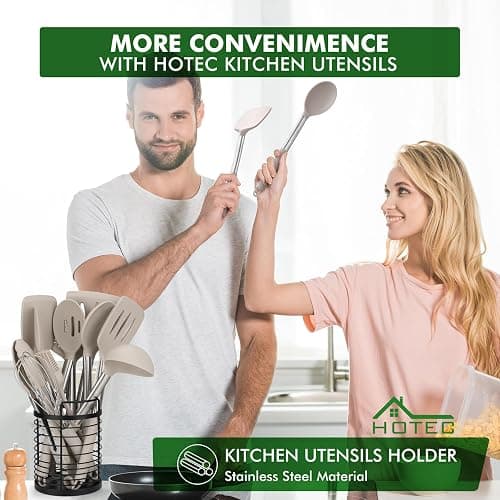 HOTEC 446°F Heat Resistant Silicone Kitchen Utensils, Cooking Utensil Set, Spatula Set, BPA Free, Kitchen Gadgets, With Stainless Steel Utensils Holder, Dishwasher Safe 14pcs Khaki thumbnail 2