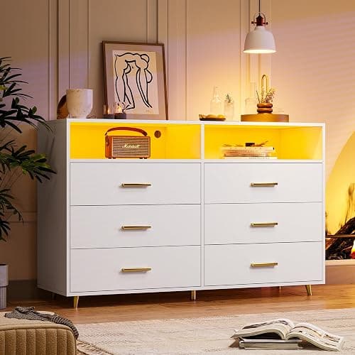 EnHomee White Dresser with LED Lights, 6 Drawers & 2 Open Shelves Top Dresser for Bedroom, Wood Chests of Drawers thumbnail 3