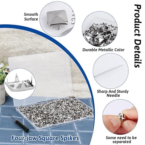 CXIIPOL 1300 Pieces 10 mm Silver Pyramid Studs for Clothing, Four-jaw Square Metal Studs for Crafts, Spike Studs for Leather Crafting, Bags, Shoes, Dog Collars with Awl thumbnail 3