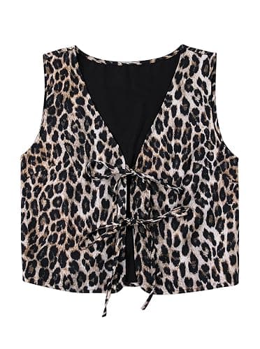 SOFIA'S CHOICE Leopard Print Tie Front Sleeveless Vest Cropped Going Out Outerwear - Image 1