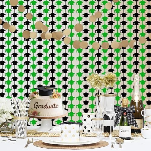 2 Pack 3.3ft x 6.6ft Graduation Cap Metallic Foil Fringe Curtain, Grad Hat Shaped Tinsel Streamers Photo Props Backdrop for College Graduation Party Supplies, Prom 2025 Decorations (Green&Black) thumbnail 5
