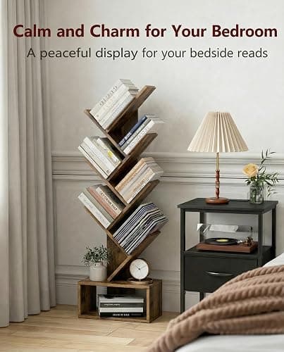 6 Tier Tree Book Shelf - Small Bookshelf Decor, Corner Bookshelf, Living Room Storage, Tall Narrow DVD & CD Shelf Storage Bookshelves, Comic Bookcases Standing for Bedroom or Office, Rustic Brown thumbnail 6