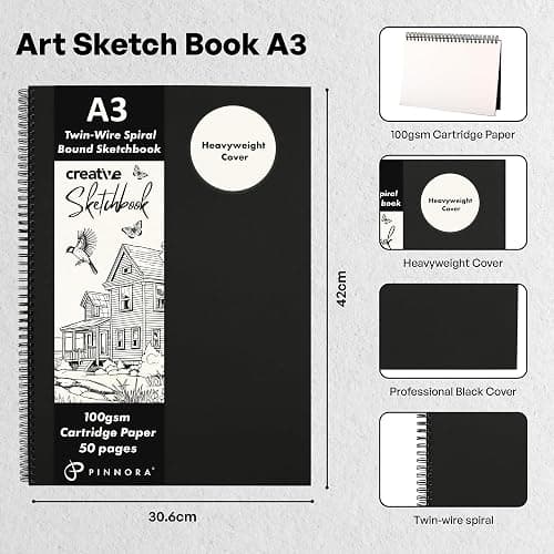 PINNORA Creative A3 Sketchbook (100GSM) - Black Hardcover Sketch Book with Thick Cartridge Paper | Twin-Wire Spiral Bound Sketch Pad, A3 Drawing Pad for Sketching - Art Book for All Ages (50 Pages) thumbnail 3