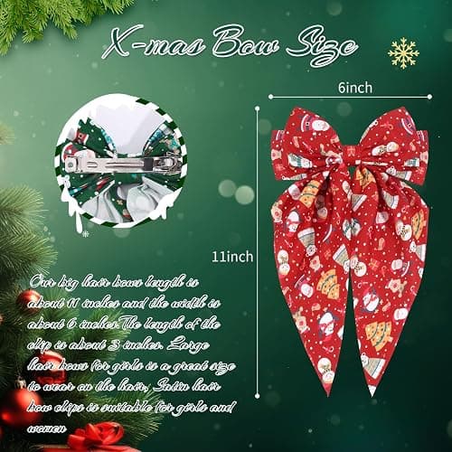 OAOLEER 2PCS Christmas Hair Bows for Women 8 Inch Red Green Satin Layered Hair Clips with Santa Claus and Christmas Tree Pattern Xmas Long Tail French Style Hair Accessories for Girls thumbnail 2