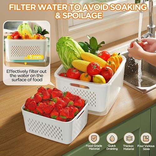 5-Pack Fruit Storage Containers for Fridge with Removable Colanders, 4 in 1 Produce Storage Containers with Lids, Leakproof Fridge Organizer Bins for Salad Berry Lettuce Vegetables Meat Keeper Fresh thumbnail 3