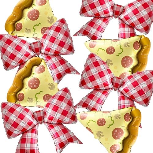 8Pcs Pizza Balloons, Red Bow Balloons for Birthday Decorations, Baby Shower | 23 Inch Pizza Foil Balloons for Pizza Themed Party Decor, Red and White Gingham Bow Balloon for Food Themed Party Supplies - Image 1