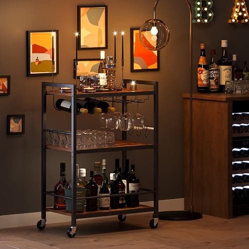 TUTOTAK Bar Cart, Serving Cart for Home, Microwave Cart, Drink Cart, Mobile Kitchen Shelf with Wine Rack and Glass Holder, Rolling Beverage Cart BC01BB030 thumbnail 4