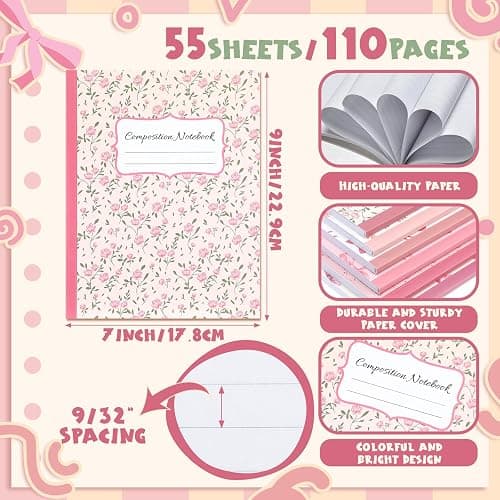 Fullhawl 6 Pack Composition Notebook College Ruled Bulk Pink Bow Composition Notebook Preppy Aesthetic for Back to School Supplies 110 Pages 9-3/4 x 7-1/2" Cute Journal for First Day of School Office thumbnail 3