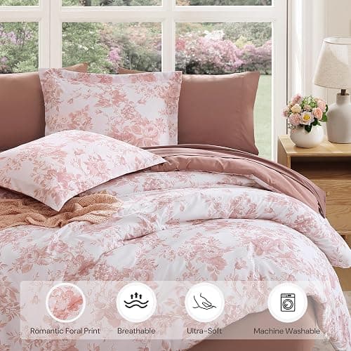 BLOOMHAVEN Queen Comforter Set -7 Pieces Pink Floral Comforter Set thumbnail 2