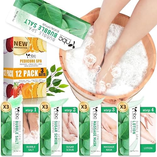 nbc BeautiLab Pedicure Kit Foot Soak Set: Bubble Salt, Sugar Scrub, Massage Mask, Massage Lotion in a Box, 4 Step Foot Spa Kit for Dry Feet,Tired Feet（3 Set Eucalyptus) - Image 1