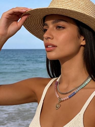 ALFISO Layered Necklaces for Women, Colorful Acrylic Beads & Heart Pendant | Colorful Boho Layered Necklace for Women Who Love Statement Style, for Vacations, Festivals and Casual Outfits thumbnail 3