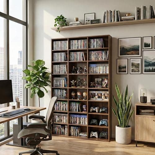 holzart 8-Tier Media Storage Cabinet, Tall Wooden CD DVD Rack Organizer, Freestanding Media Display Shelf Tower for Video Games, Movies, Books and Collectibles, 40" x 64", Rustic Brown Finish thumbnail 5