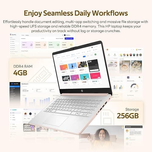 HP Flagship 14" HD Student&Business Laptop with AI Copilot, 13th Gen Intel 4-Core, 4GB RAM, 256GB Storage (128GB UFS + 128GB Docking Station), 1 Year Office 365, 720p Webcam, Win 11, Pale Rose Gold thumbnail 3