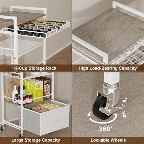 Coffee Bar Cabinet with Storage，5 Tier Coffee Station Table on Wheels, 33.6" H Cart with Drawer for Home Kitchen, Liquor Buffet Sideboard Cabinet (Modern White) thumbnail 6