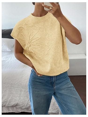 SOLY HUX Women's Ribbed Sweater Crew Neck Short Sleeve Loose Fit Floral Knit Pullover Tops thumbnail 4