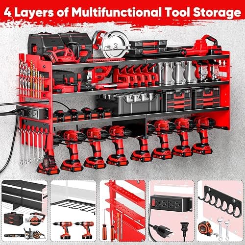 POKIPO Large Power Tool Organizer Wall Mount with Charging Station,4 Layer Heavy Duty Metal Tool Storage Shelf Loads 600lbs,Battery Utility Rack With 4 Outlet Power Strip with 8 Cordless Drill Holder thumbnail 5