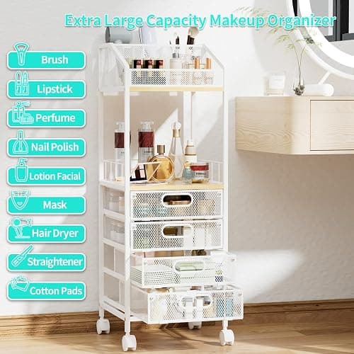 HapiRm Makeup Organizer Storage Cart - Floor Skincare Make Up Storage with 4 Drawers, Rolling Makeup Cart Vanity Organizer Cosmetics Display Cases Holder for Skin Care Perfume Nail Polish thumbnail 6