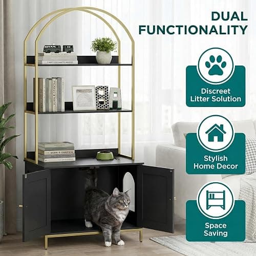 Homhedy Cat Litter Box Enclosure, Litter Box Furniture Hidden with 2-Tier Storage Shelves, Wooden Cat Washroom Furniture with Metal Frame, Modern Style, Black and Gold thumbnail 6