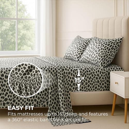 Satin Sheets Queen [4-Piece, Silver Leopard] Hotel Luxury Silky Bed Sheets - Extra Soft 1800 Microfiber Sheet Set, Wrinkle, Fade, Stain Resistant - Deep Pocket Fitted Sheet, Flat Sheet, Pillow Cases | Extra Soft, Hotel Luxury, Silky Bed Sheets, Deep Pocket, Wrinkle, Fade, Fitted Sheet, Flat Sheet, Pillow Cases thumbnail 3