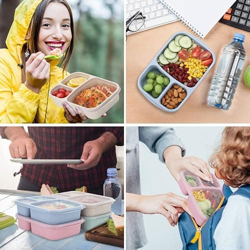 buluker 4 Pack Bento Lunch Box Set 3 Compartment Food Storage Containers Wheat Straw Meal Prep Lunch Box Plastic Food Storage Containers, Microwave and Dishwasher Safe (light colour) thumbnail 7