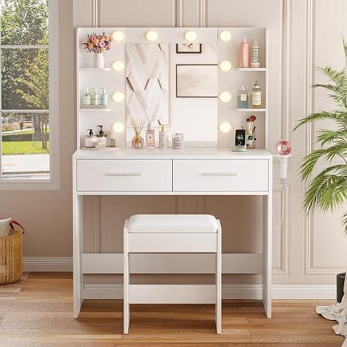 YESHOMY Vanity Desk with Mirror, Makeup Table with 2 Large Drawers, Power Outlet and Round Holder, 3 Color Modes Adjustable Bulb, Bench Included, Easy Assembly, Gloss White thumbnail 7